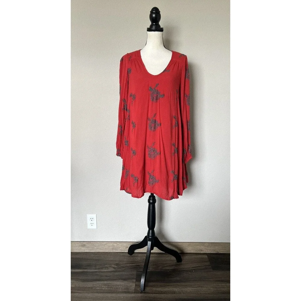 Free People Dress Women XS Red Austin Mini Embroidered Boho Lining Pullover - Picture 3 of 13